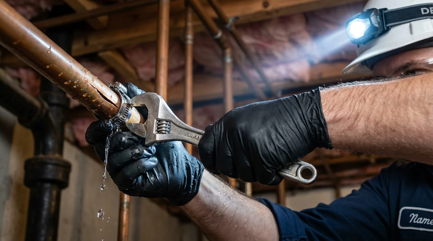 Emergency pipe clamp repair being performed by a Johns Plumbing LLC plumber in Ferris